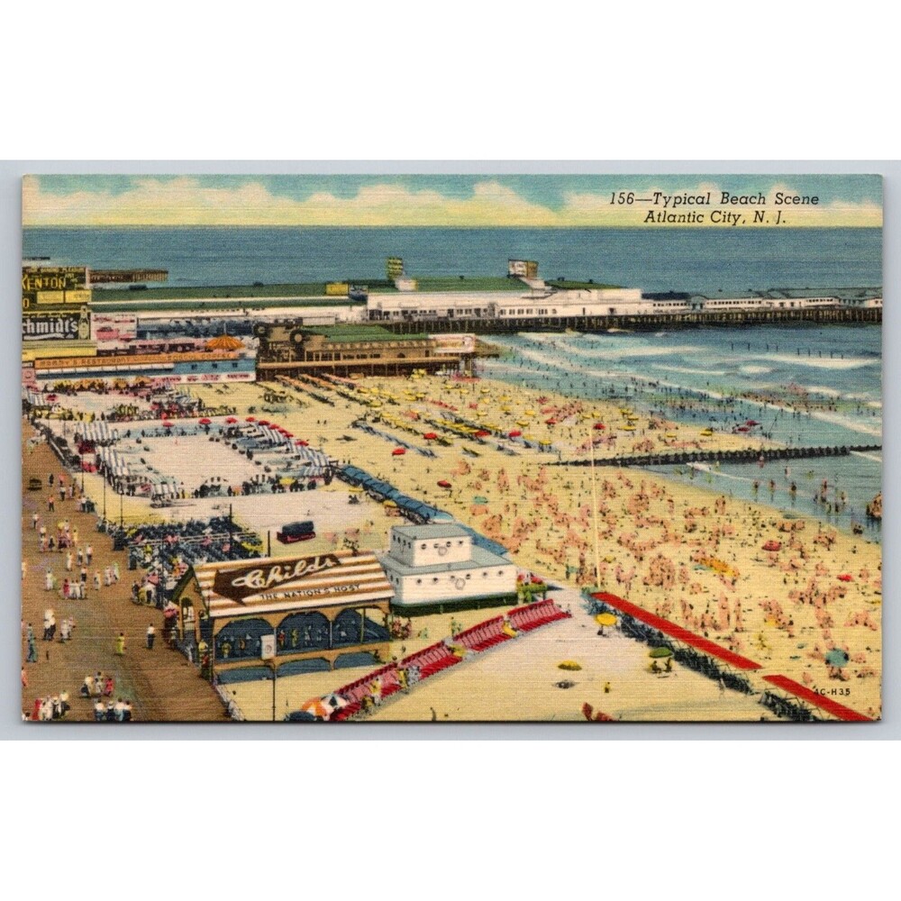 1951 Atlantic City NJ Typical beach Scene Boardwalk Childs Restaurant Postcard